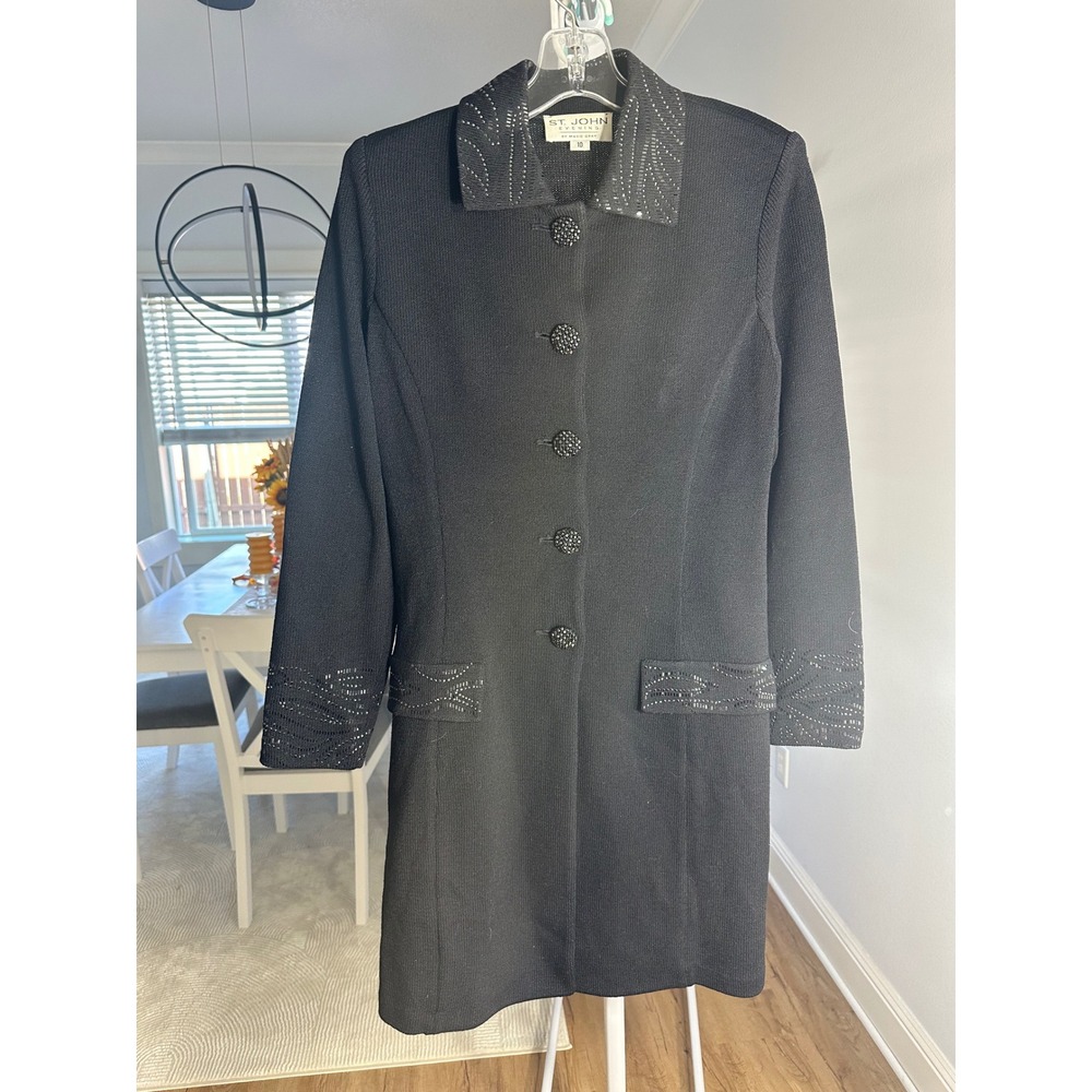 St John Evening by Marie Gray Black Rhinestone Knit Long Coat Jacket Size 10